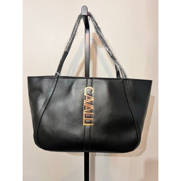 Cavalli Sandra Leather Large Shopper Tote Bag Black Onyx NWT - Picture 1 of 5